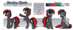 Size: 4481x1875 | Tagged: safe, artist:madelinne, imported from derpibooru, oc, oc:shadow blade, unicorn, armor, armored pony, full body, horn, male, red and black mane, red and black oc, reference sheet, solo, stallion, unicorn oc
