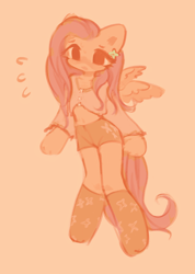 Size: 3664x5142 | Tagged: safe, artist:deadchrltte, imported from derpibooru, fluttershy, pegasus, semi-anthro, clothes, female, high res, mare, midriff, orange background, shorts, simple background, solo, wings