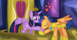 Size: 1980x1020 | Tagged: safe, artist:mlplary6, imported from derpibooru, flash sentry, twilight sparkle, alicorn, pegasus, pony, crown, eyes closed, female, flashlight, heart, holding hooves, hoof kissing, jewelry, kissing, male, mare, regalia, romantic, shipping, smiling, stallion, straight, twilight sparkle (alicorn), twilight's castle