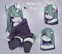 Size: 3999x3460 | Tagged: safe, artist:magnaluna, imported from derpibooru, marble pie, anthro, earth pony, abstract background, adorasexy, angry, bare shoulders, beauty mark, blushing, bow, breasts, busty marble pie, choker, cleavage, clothes, cross-popping veins, curvy, cute, dress, ear blush, ear fluff, ear piercing, emanata, emo, eyeshadow, female, floating heart, floppy ears, hair bow, hair over one eye, heart, high res, kneeling, lips, looking at you, makeup, marblebetes, off shoulder, off shoulder sweater, piercing, sexy, sigh, skirt, solo, stockings, stupid sexy marble pie, sweater, sweater puppies, thigh highs, thighs, wide hips