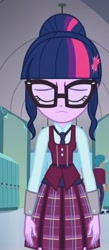 Size: 512x1176 | Tagged: safe, imported from derpibooru, screencap, sci-twi, twilight sparkle, human, equestria girls, friendship games, clothes, cropped, crystal prep academy, crystal prep academy uniform, eyes closed, female, glasses, hair bun, hallway, lockers, necktie, sad, school, school uniform, schoolgirl, solo, what more is out there