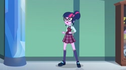 Size: 2141x1194 | Tagged: safe, imported from derpibooru, screencap, sci-twi, twilight sparkle, human, equestria girls, friendship games, clothes, crystal prep academy, crystal prep academy uniform, female, glasses, hair bun, hallway, necktie, school, school uniform, schoolgirl, singing, solo, trophy, uniform, what more is out there