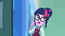 Size: 2134x1203 | Tagged: safe, imported from derpibooru, screencap, sci-twi, twilight sparkle, human, equestria girls, friendship games, clothes, crystal prep academy, crystal prep academy uniform, glasses, hair bun, hallway, necktie, school, school uniform, schoolgirl, singing, solo, what more is out there