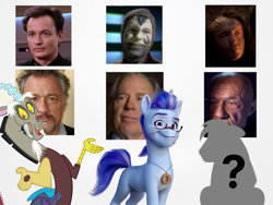 Size: 1904x1428 | Tagged: safe, imported from derpibooru, big macintosh, discord, draconequus, earth pony, human, pony, argyle starshine, breaking bad, g5, john de lancie, jonathan banks, michael mckean, q, star trek