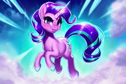 Size: 2304x1536 | Tagged: safe, imported from derpibooru, starlight glimmer, pony, unicorn, ai content, ai generated, female, generator:pony diffusion v4, generator:stable diffusion, grin, levitation, looking at you, magic, mare, prompter:siber, self-levitation, sky, smiling, smiling at you, solo, telekinesis