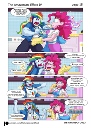 Size: 2726x3802 | Tagged: safe, artist:atariboy2600, artist:bluecarnationstudios, imported from derpibooru, pinkie pie, rainbow dash, human, comic:the amazonian effect, comic:the amazonian effect iv, equestria girls, breasts, busty pinkie pie, busty rainbow dash, canterlot high, clothes, cupcake, female, food, muscles, muscular female, pinkie being pinkie, rainbuff dash, shoes