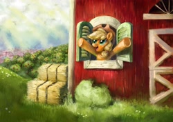 Size: 3508x2480 | Tagged: safe, artist:beherelongtime, imported from derpibooru, applejack, earth pony, pony, barn, detailed background, digital painting, female, hay bale, mare, open mouth, open smile, ponyville, smiling, solo, sweet apple acres, window