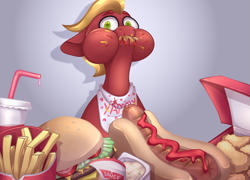 Size: 2315x1667 | Tagged: safe, artist:german_frey, imported from derpibooru, sprout cloverleaf, earth pony, pony, bib, burger, cheeseburger, chicken meat, chicken nugget, commission, food, g5, hamburger, hot dog and bun, male, meat, mukbang, ponies eating meat, solo, stallion, ych result