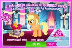 Size: 1964x1304 | Tagged: safe, imported from derpibooru, applejack, earth pony, pony, advertisement, applejack's hat, clothes, costs real money, cowboy hat, crown, english, female, gameloft, gem, granny smith's shawl, hat, jewelry, mare, medal, mobile game, my little pony: magic princess, numbers, official, older, older applejack, regalia, sale, scarf, solo, text