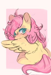 Size: 1386x2048 | Tagged: safe, artist:panrcillo_jelly, imported from derpibooru, fluttershy, pegasus, pony, blushing, female, looking at you, looking back, looking back at you, mare, sitting, sketch, solo