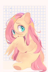 Size: 1386x2048 | Tagged: safe, artist:panrcillo_jelly, imported from derpibooru, fluttershy, pegasus, pony, blushing, female, looking at you, looking back, looking back at you, mare, sitting, solo