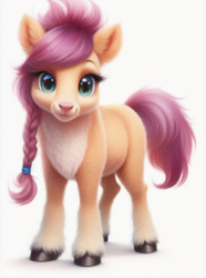 Size: 512x688 | Tagged: safe, imported from derpibooru, sunny starscout, earth pony, hybrid, pony, ai content, ai generated, braid, chest fluff, coat markings, colored hooves, cute, deer nose, ear fluff, feline, female, fluffy, g5, looking at you, my little pony: a new generation, pale belly, realistic, simple background, smiling, smiling at you, socks (coat markings), solo, standing, three quarter view, unshorn fetlocks, white background