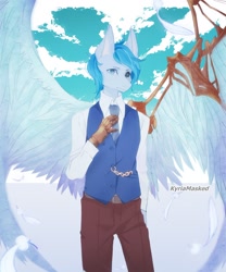 Size: 1024x1229 | Tagged: safe, artist:kyriamask, imported from derpibooru, anthro, pegasus, clothes, cloud, necktie, prosthetics, solo, spread wings, steampunk, wings