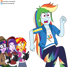 Size: 4717x4445 | Tagged: safe, artist:eagc7, imported from derpibooru, rainbow dash, sci-twi, starlight glimmer, sunset shimmer, twilight sparkle, human, equestria girls, caroling, clothes, commission, derp, family guy, female, glasses, open mouth, parody, patreon, patreon reward, running away, scared, simple background, white background