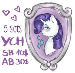 Size: 3027x2959 | Tagged: safe, artist:kirari_chan, imported from derpibooru, rarity, pony, unicorn, advertisement, bust, commission, commission info, female, frame, framed picture, heart, horn, portrait, simple background, sketch, solo, white background, ych example, ych sketch, your character here