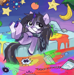 Size: 1962x2000 | Tagged: safe, artist:rivibaes, imported from derpibooru, oc, oc:rivibaes, unicorn, abuse, banana, bottle, female, filly, foal, foal abuse, food, horn, needle, orange, psychedelic, sink, stars, stitches