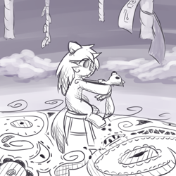 Size: 2000x2000 | Tagged: safe, artist:rivibaes, imported from derpibooru, oc, oc:rivibaes, pony, abstract, cloud, female, filly, foal, grayscale, monochrome, plushie, rope, stool