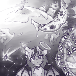 Size: 2000x2000 | Tagged: safe, artist:rivibaes, imported from derpibooru, oc, oc:rivibaes, pony, unicorn, angel, biblically accurate angels, candle, chest fluff, collar, constellation, demon wings, female, fire, grayscale, halo, horn, jewelry, monochrome, moon, necklace, planet, smoke, space, wax, wings