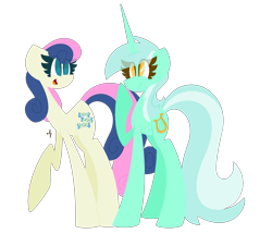 Size: 1858x1600 | Tagged: safe, artist:scridley-arts, imported from derpibooru, bon bon, lyra heartstrings, sweetie drops, earth pony, pony, unicorn, duo, female, lesbian, looking at each other, looking at someone, lyrabon, mare, open mouth, raised hoof, shipping, simple background, smiling, transparent background