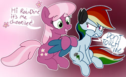 Size: 1848x1134 | Tagged: safe, imported from derpibooru, cheerilee, pegasus, pony, elements of insanity, angry, dont touch me, duo, female, gradient background, mare, rainbine