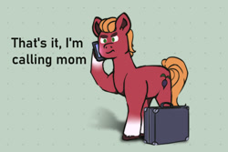 Size: 1800x1200 | Tagged: safe, artist:circumflexs, imported from derpibooru, sprout cloverleaf, earth pony, pony, briefcase, cellphone, g5, hoof hold, implied phyllis cloverleaf, male, phone, raised hoof, reaction image, solo, stallion, suitcase, text, unshorn fetlocks