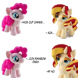 Size: 1080x1080 | Tagged: safe, imported from derpibooru, pinkie pie, sunset shimmer, earth pony, pony, unicorn, fanfic:cupcakes, implied death, implied murder, implied rainbow dash, meme, plushie, spanish, translated in the comments