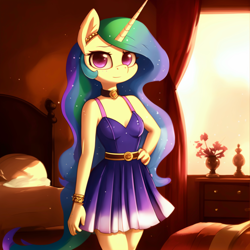 Size: 2848x2848 | Tagged: safe, imported from derpibooru, princess celestia, anthro, ai assisted, ai content, bed, bedroom, bracelet, choker, clothes, detailed background, dress, dresser, ear accessory, female, flower, freckles, horn, jewelry, long hair, pillow, prompter:saphkey, solo, standing, sunshine, vase, window