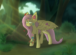 Size: 2475x1800 | Tagged: safe, artist:ashel_aras, imported from derpibooru, fluttershy, pegasus, pony, crepuscular rays, flower, forest, forest background, hanahaki disease, outdoors, solo, substrate body