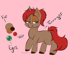 Size: 2026x1668 | Tagged: safe, artist:cosmiclitgalaxy, imported from derpibooru, oc, pony, unicorn, brown coat, female, filly, foal, green eyes, red mane, red tail, reference sheet, sassy, solo, tail, teenager