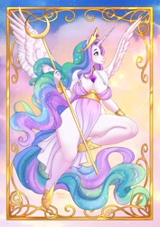Size: 1786x2516 | Tagged: safe, artist:tiggybloom, imported from derpibooru, princess celestia, alicorn, anthro, unguligrade anthro, adorasexy, clothes, cute, cutelestia, dress, flying, modern art, nouveau, sexy, side slit, solo, spread wings, staff, total sideslit, wings