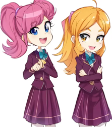 Size: 512x576 | Tagged: safe, artist:rainbowstarcolour262, imported from derpibooru, diwata aino, orange sherbette, human, equestria girls, friendship games, :d, ai content, ai generated, anime, bowtie, clothes, crossed arms, cute, duo, duo female, female, generator:pinegraph, happy, open mouth, open smile, ponytail, school uniform, shirt, simple background, skirt, smiling, white background