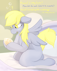 Size: 1725x2160 | Tagged: safe, alternate version, artist:not_texmex, derpibooru exclusive, imported from derpibooru, derpy hooves, pegasus, pony, bed, bed mane, bedroom, blank flank, blanket, confused, cute, dialogue, egg, female, filly, foal, implied oviposition, looking at something, oblivious, offscreen character, pegasus egg, pillow, question mark, spread wings, wings, younger