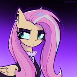 Size: 2048x2048 | Tagged: safe, artist:qwennondeathdie, imported from derpibooru, fluttershy, pegasus, pony, bust, ear piercing, earring, eyeshadow, female, fluttergoth, goth, gradient background, jewelry, makeup, piercing, solo, unamused