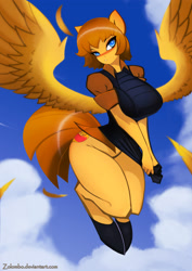 Size: 1240x1754 | Tagged: safe, artist:zolombo, imported from derpibooru, oc, oc only, oc:kes, anthro, unguligrade anthro, big breasts, bottomless, breasts, clothes, cloud, flying, looking at you, partial nudity, shirt, solo, spread wings, wings