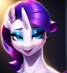 Size: 2740x2999 | Tagged: safe, imported from derpibooru, rarity, pony, ai content, ai generated, backlighting, bedroom eyes, bust, ear fluff, female, flirting, fluffy, generator:purplesmart.ai, generator:stable diffusion, imminent kissing, lighting, looking at you, mare, open mouth, open smile, prompter:yourclopaccount2, seductive look, smiling, smiling at you, solo