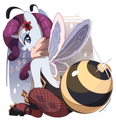 Size: 3400x3600 | Tagged: safe, artist:nookprint, imported from derpibooru, rarity, bee pony, original species, pony, unicorn, animal costume, bee costume, clothes, costume, female, final fantasy, final fantasy vii, fishnet pantyhose, flower, flower in hair, leotard, looking at you, looking back, looking back at you, mare, raribee, sitting, solo