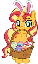 Size: 2863x4773 | Tagged: safe, artist:emeraldblast63, imported from derpibooru, sunset shimmer, pony, unicorn, basket, bunny ears, cute, easter basket, easter egg, female, high res, looking at you, mare, mouth hold, shimmerbetes, simple background, solo, transparent background, vector