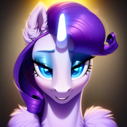 Size: 2999x2999 | Tagged: safe, imported from derpibooru, rarity, pony, unicorn, ai content, ai generated, backlighting, beautisexy, bedroom eyes, bust, ear fluff, eyebrows, eyes on the prize, eyeshadow, female, flirting, generator:purplesmart.ai, generator:stable diffusion, glowing, glowing horn, grin, high res, horn, imminent kissing, intense, lidded eyes, looking at you, makeup, mare, passionate, prompter:yourclopaccount2, seductive look, smiling, smiling at you, solo