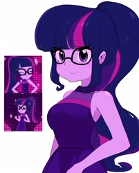 Size: 1825x2275 | Tagged: safe, artist:cheesesauce_45, imported from derpibooru, screencap, sci-twi, twilight sparkle, human, equestria girls, equestria girls series, i'm on a yacht, spoiler:eqg series (season 2), alternate hairstyle, bare shoulders, clothes, cute, dress, female, glasses, neon eg logo, ponytail, scene interpretation, screencap reference, simple background, sleeveless, solo, twiabetes, white background