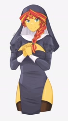 Size: 1080x1920 | Tagged: safe, artist:deeemperor, imported from derpibooru, sunset shimmer, human, equestria girls, alternate hairstyle, boob window, christian sunset shimmer, christianity, clothes, cute, female, nun, nun outfit, nunset shimmer, praying, religion, shimmerbetes, side slit, simple background, solo, stockings, thigh highs, white background