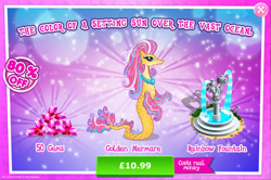 Size: 1964x1304 | Tagged: safe, idw, imported from derpibooru, merpony, advertisement, bush, costs real money, english, female, fountain, gameloft, gem, idw showified, jewelry, mare, mobile game, my little pony: magic princess, necklace, numbers, official, sale, solo, statue, text, unnamed character, unnamed merpony