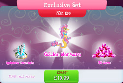 Size: 1267x860 | Tagged: safe, idw, imported from derpibooru, merpony, bundle, bush, costs real money, english, female, fountain, gameloft, gem, idw showified, jewelry, mare, mobile game, my little pony: magic princess, necklace, numbers, official, sale, solo, statue, text, unnamed character, unnamed merpony