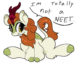 Size: 739x603 | Tagged: safe, artist:muffinz, imported from derpibooru, autumn blaze, kirin, pony, cloven hooves, denial, neet, simple background, sitting, smiling, smirk, solo, text, white background