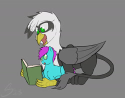 Size: 1628x1276 | Tagged: safe, artist:somber, imported from derpibooru, oc, oc:stern, griffon, book, female, foal