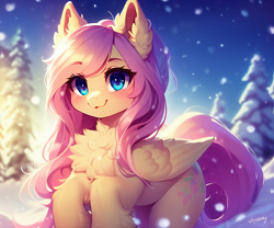 Size: 1536x1280 | Tagged: safe, editor:nightluna, imported from derpibooru, fluttershy, pegasus, pony, ai content, ai generated, chest fluff, cute, ear fluff, eyebrows, eyelashes, female, fluffy, generator:purplesmart.ai, generator:stable diffusion, mare, prompter:nightluna, shyabetes, sky, smiling, snow, snowfall, solo, tree, winter