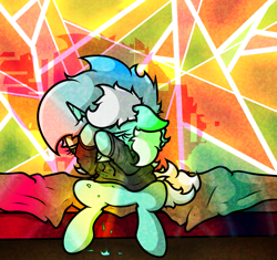 Size: 1955x1840 | Tagged: safe, artist:background basset, imported from derpibooru, lyra heartstrings, pony, unicorn, abstract background, bed, crying, depression, female, sad, sheet, solo