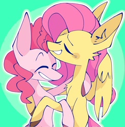 Size: 2008x2048 | Tagged: safe, artist:volchok, imported from derpibooru, fluttershy, pinkie pie, earth pony, pegasus, pony, eyes closed, female, flutterpie, green background, grin, hug, lesbian, mare, shipping, simple background, smiling, unshorn fetlocks