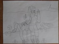 Size: 4608x3456 | Tagged: safe, artist:acid flask, imported from derpibooru, oc, oc only, oc:acid flask, oc:blood moon, anthro, bat pony, zebra, zebracorn, 2d, apple, april fools, april fools 2023, arm on shoulder, armor, canterlot, cloud, cloudy, curved horn, dirty, drawing, eating, female, food, happy, helmet, herbivore, horn, leaning, leaning back, looking at something, male, mare, new lunar republic, sandwich, scar, shipping, sitting, size difference, smiling, solar empire, stallion, sword, traditional art, trench, unity, war, weapon
