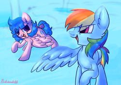 Size: 4013x2823 | Tagged: safe, artist:pinkdoesstuff, imported from derpibooru, firefly, rainbow dash, cloudsdale, complex background, crossover, duo, g1, photo, smiling
