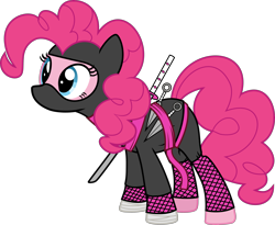 Size: 4000x3277 | Tagged: safe, artist:icicle-wicicle-1517, artist:n0kkun, color edit, edit, imported from derpibooru, pinkie pie, earth pony, pony, belt, collaboration, colored, female, katana, kunai, mare, mask, ninja, simple background, solo, sword, transparent background, weapon